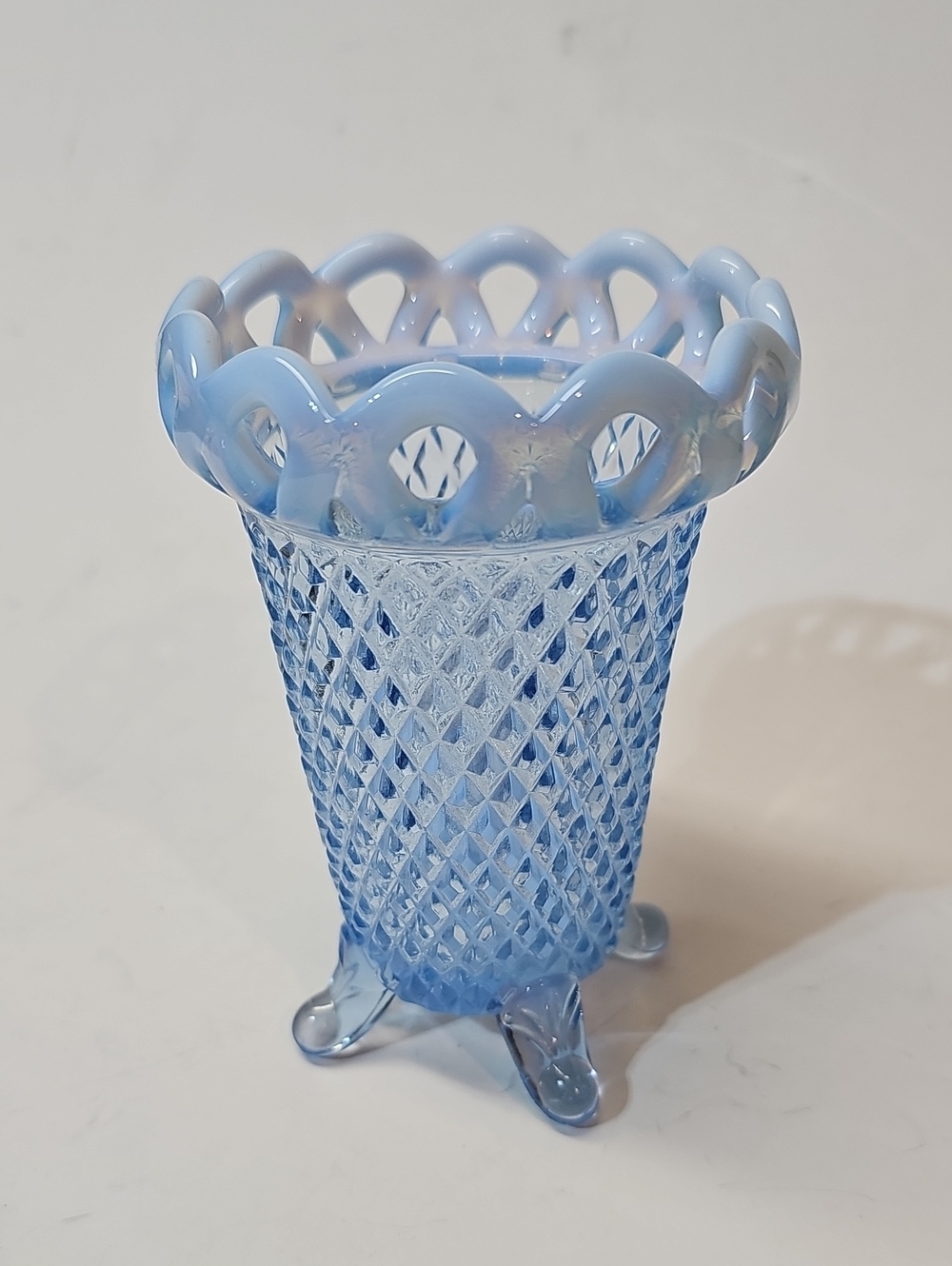 Vintage Imperial Glass Light Blue Opalescent Decorative 4-toed Flower Bud Vase